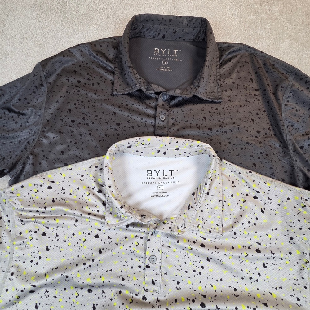 BYLT Premium Basics Mens XL Performance Polo Lot (2) Grey Splatter Print Stretch